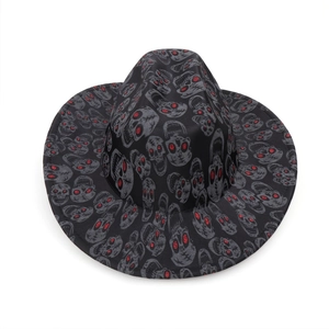 Black cowboy jazz hat with grey skull prints and red glitter eyes for Halloween party