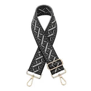 Macro detail of geometric jacquard bag strap with gold metal hooks and adjustable buckle