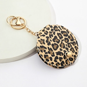 Leopard print PU leather folding mirror keychain with gold hardware and secure snap button