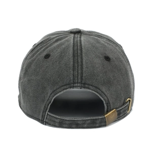 Retro washed dark grey baseball cap featuring a short brim and brass metal buckle