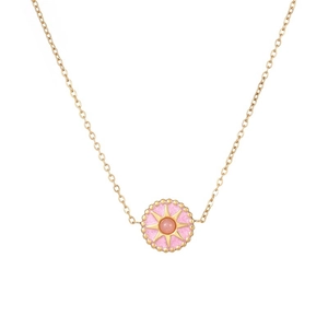 Detail of gold starburst compass necklace with pink enamel pendant and center bead