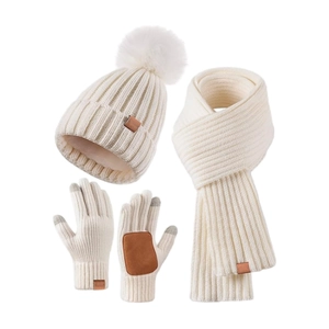 Detailed knit texture of cream white winter set with hat, scarf and touchscreen gloves