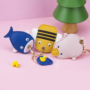 Cartoon animal PU leather AirTag case keychain with blue shark and yellow duck designs
