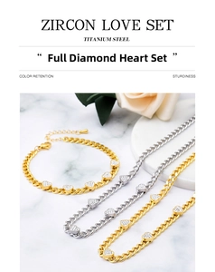 Detailed view of titanium steel zircon heart necklace and bracelet set in silver finish