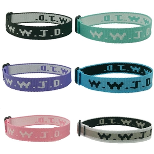 Adjustable woven W.W.J.D. wristbands in six various colors with black plastic buckles