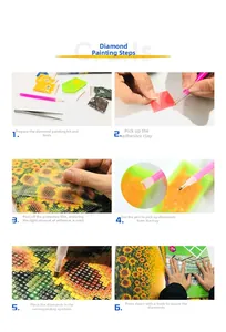 Detail showing the 6-step DIY diamond painting process for a sunflower metal bookmark