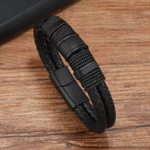 Men's double-layered black braided leather bracelet with magnetic metal clasp and textured rings
