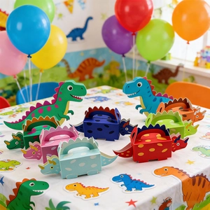 Detailed view of 3D dinosaur party favor boxes in vibrant colors for children events