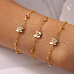 Chic Butterfly Bracelet 18K Gold Plated Stainless Steel Mother Of Artificial Pearl Inlaid Zirconia Bead Chain Jewelry For Women
