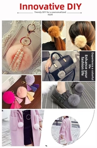 Colorful DIY plush pom-poms shown as bag charms, hair accessories, and shoe decorations
