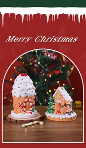 Detailed view of gingerbread house and ice cream snow cabin Christmas ornaments