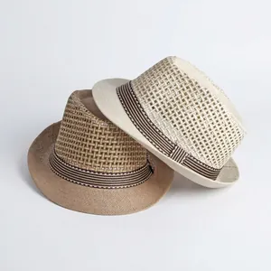 Cappelli estivi di paglia fedora per uomo in marrone e beige con nastro a strisce