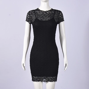 Close-up of intricate black lace texture and slim fit design on a short sleeve dress