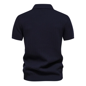 Back view of men's navy blue striped business polo shirt with premium knitted texture