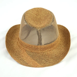 Close-up of brown mesh sun hat showing breathable weave texture and wide brim for men