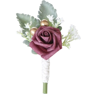 Handmade burgundy rose boutonniere with gold accents and ivory woven handle for weddings
