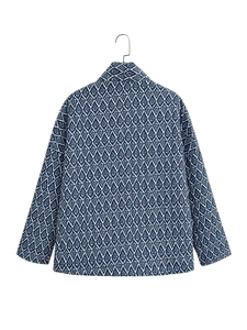 Y2K ethnic style cropped quilted jacket with blue diamond print and stand collar