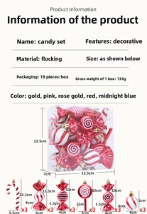 Detailed size specifications for 18-piece red and white flocked Christmas candy ornaments