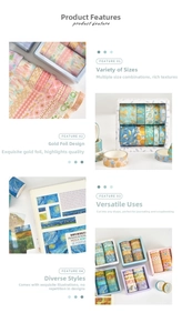 Detail of artistic gold foil washi tape set featuring Van Gogh painting designs for journaling