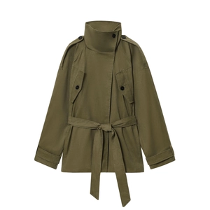 Trench-Coat Militaire Pour Femme Avec Col Montant Épaulettes Ceinture Veste En Toile Vert Armée