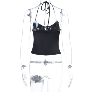 Detail view of the halter neck tie and open back design on this black sleek vest