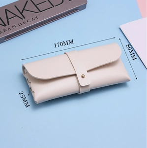 Detailed size specifications of the beige leather sunglasses pouch with metal snap