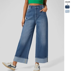Jeans Da Donna A Vita Alta Gamba Larga Denim Con Risvolto Grande Dritto Streetwear Vintage Moda Pantaloni