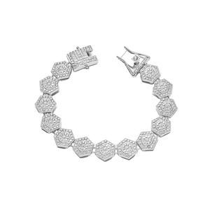 Silver geometric iced out link bracelet with hexagon crystal pavé in hip hop style