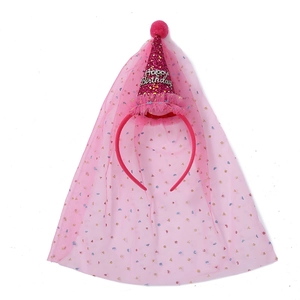 Pink sequin birthday party headband with cone hat and polka dot mesh veil