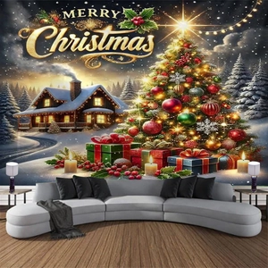 Christmas tapestry with snow night cabin and tree for festive wall decoration
