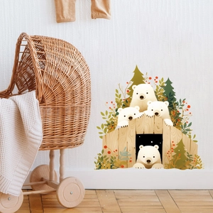 Stickers muraux ours polaire de Noël pour chambre de bébé avec arbres et clôture en bois