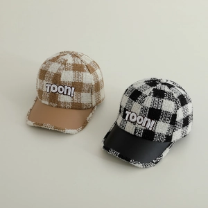 Kids Tweed Checkered Baseball Cap Retro Faux Leather Brim Letter Embroidery Duck Tongue Hat For Boys Girls