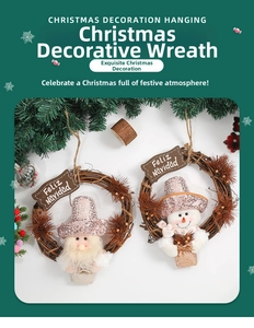 Detail of Christmas rattan wreaths with sequined Santa and Snowman and Feliz Navidad sign