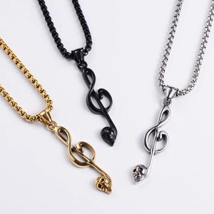Three-color musical note skull pendants in gold, black, and silver stainless steel