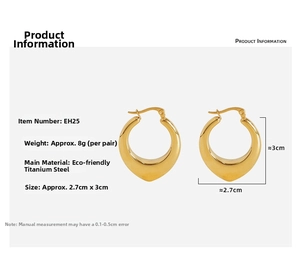 Detailed size specifications for gold hollow U-shaped stainless steel earrings