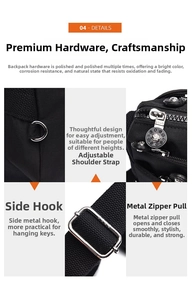 Detail of metal D-rings, adjustable strap buckle and dual smooth zippers on nylon bag