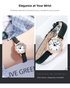 Detail of vintage ladies quartz watch with green leather strap and gold Roman numeral dial