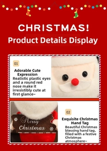 Dettaglio del peluche di Babbo Natale con barba soffice e cartello di buon Natale decorativo