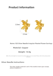 Detail specifications of golden irregular wrinkled flower earrings with S925 silver needles