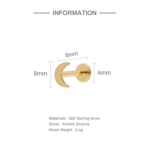 Technical drawing of S925 silver moon stud earring with 8mm dimensions and zircon inlay