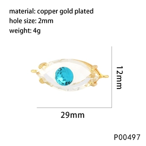 Detailed specs of Evil Eye charm in copper gold plated with blue and clear zirconia stones