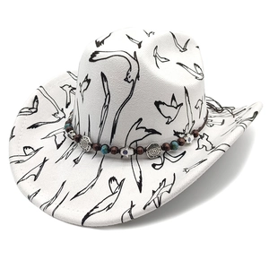 White felt cowboy hat with flying bird patterns and bohemian bead charms decoration