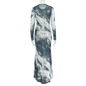 Close-up of the back view showing blue tie-dye print and slim fit long sleeve dress texture
