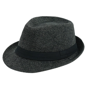 Cappello fedora da uomo in lana grigio scuro a spina di pesce con nastro canneté