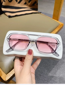 Close-up of pink gradient aviator sunglasses with transparent frames and double bridge