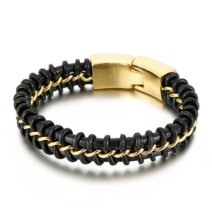Punk woven black leather bracelet for men with golden stainless steel magnetic clasp