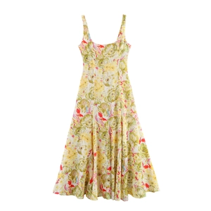 Women Floral Print Maxi Dress Linen Blend Sleeveless Square Neck Vacation Style A-Line Swing Long Summer Sun Dress