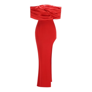 Detail of red off-shoulder satin dress featuring a high side slit and pleated texture