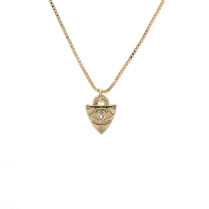 Fashionable gold evil eye pendant necklace with clear zircon stones on a box chain
