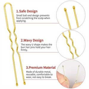 U-shaped gold metal hair pins with wavy design and safe rounded tips for bridal styling